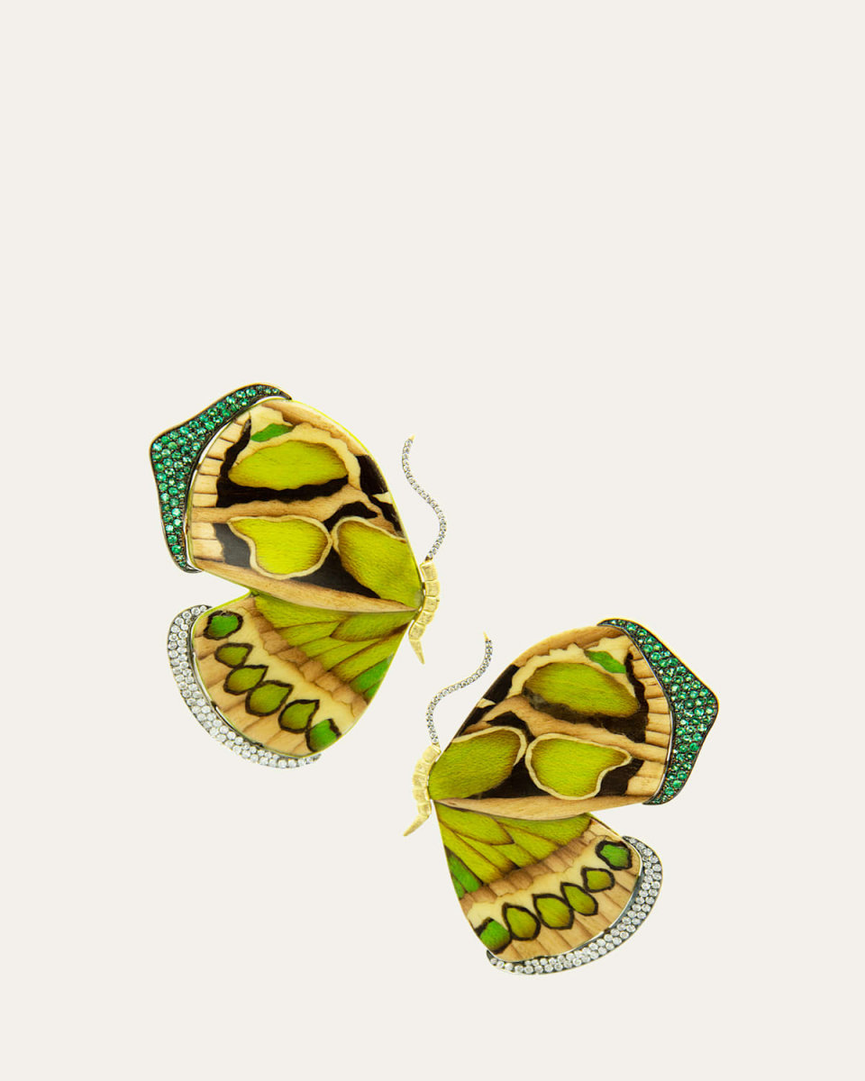 18K Yellow Gold Marquetry Butterfly Earrings with Diamonds and Emeralds